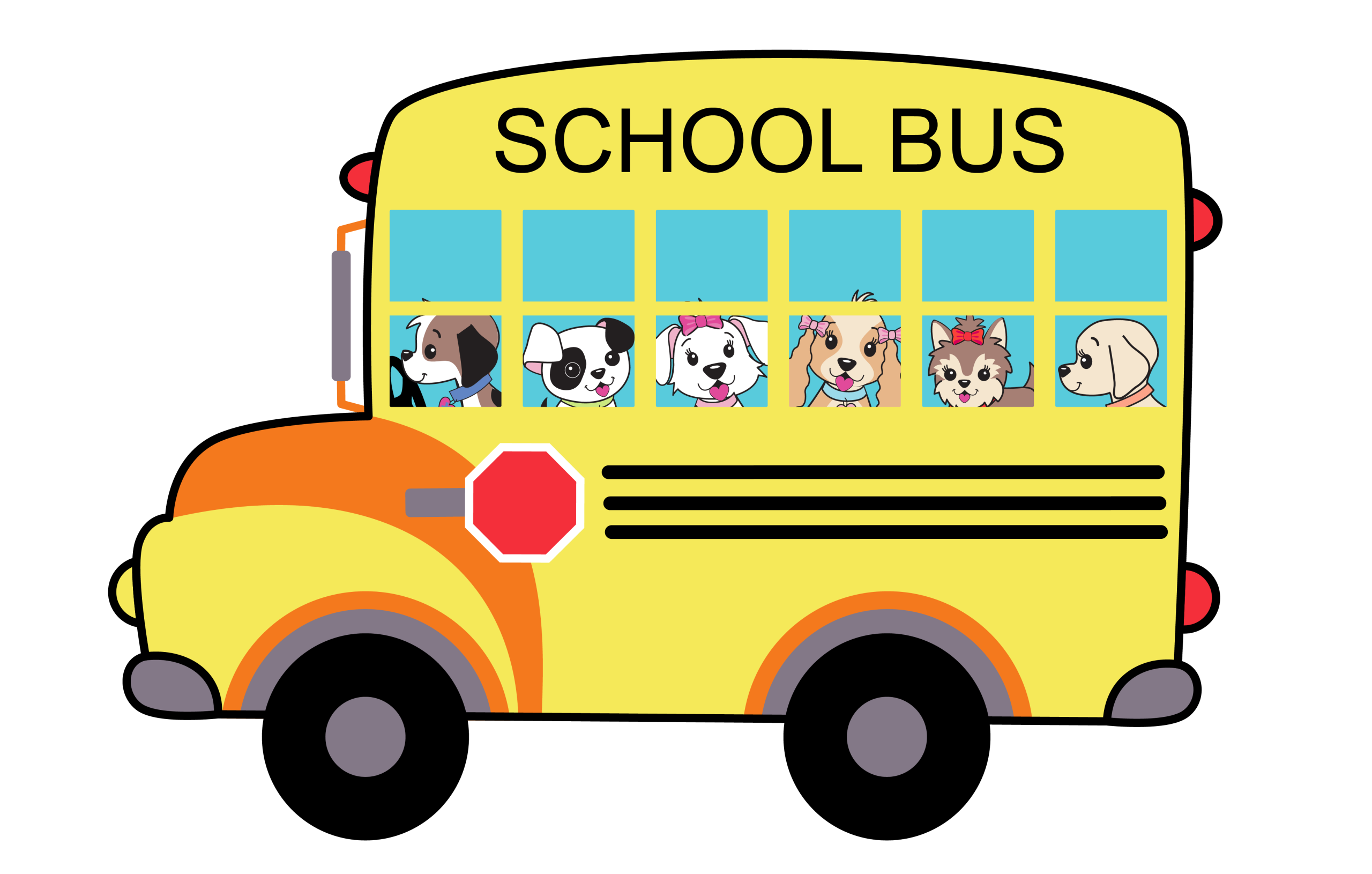 Illustration of a bright yellow school bus filled with the six Puppy Kisses characters, ready for a new adventure.