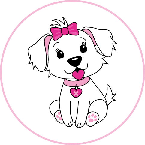 Cora, a white puppy character with a pink bow and collar.