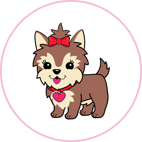 Scarlett, a tan and brown puppy character with a red bow and red collar.
