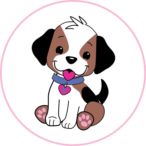 Zach, a brown and black and white puppy character with a blue collar.