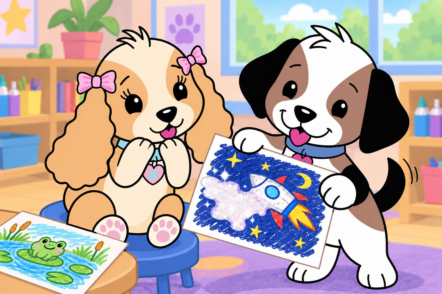 Zach shows Tess his glitter-covered spaceship drawing, and she begins to smile at his new idea.