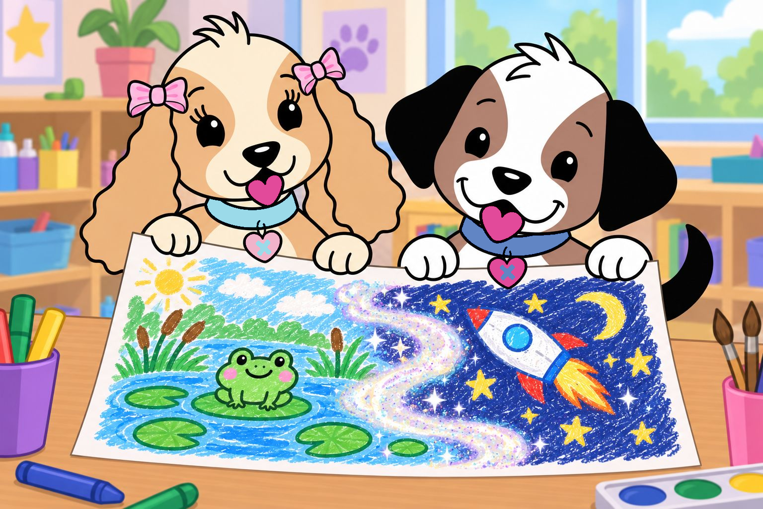 Tess and Zach proudly hold a picture joining a frog pond and outer space with a sparkling painted path.