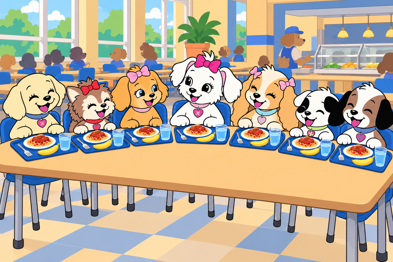 Sunny laughs with Cora and the other five Puppy Pack friends around their cafeteria table.