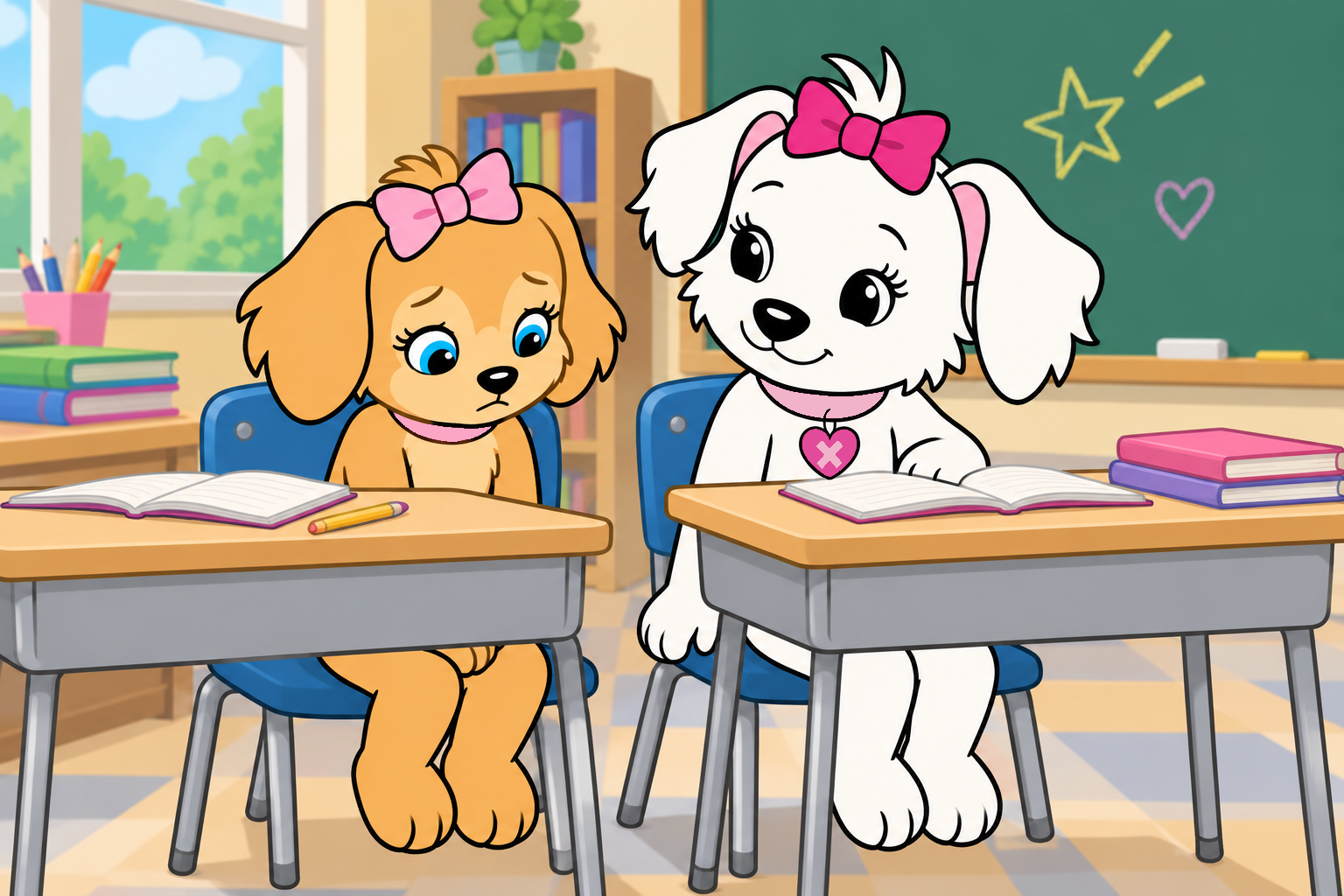 Cora welcomes Sunny at adjacent classroom desks while the shy new pupil looks down at her lap.