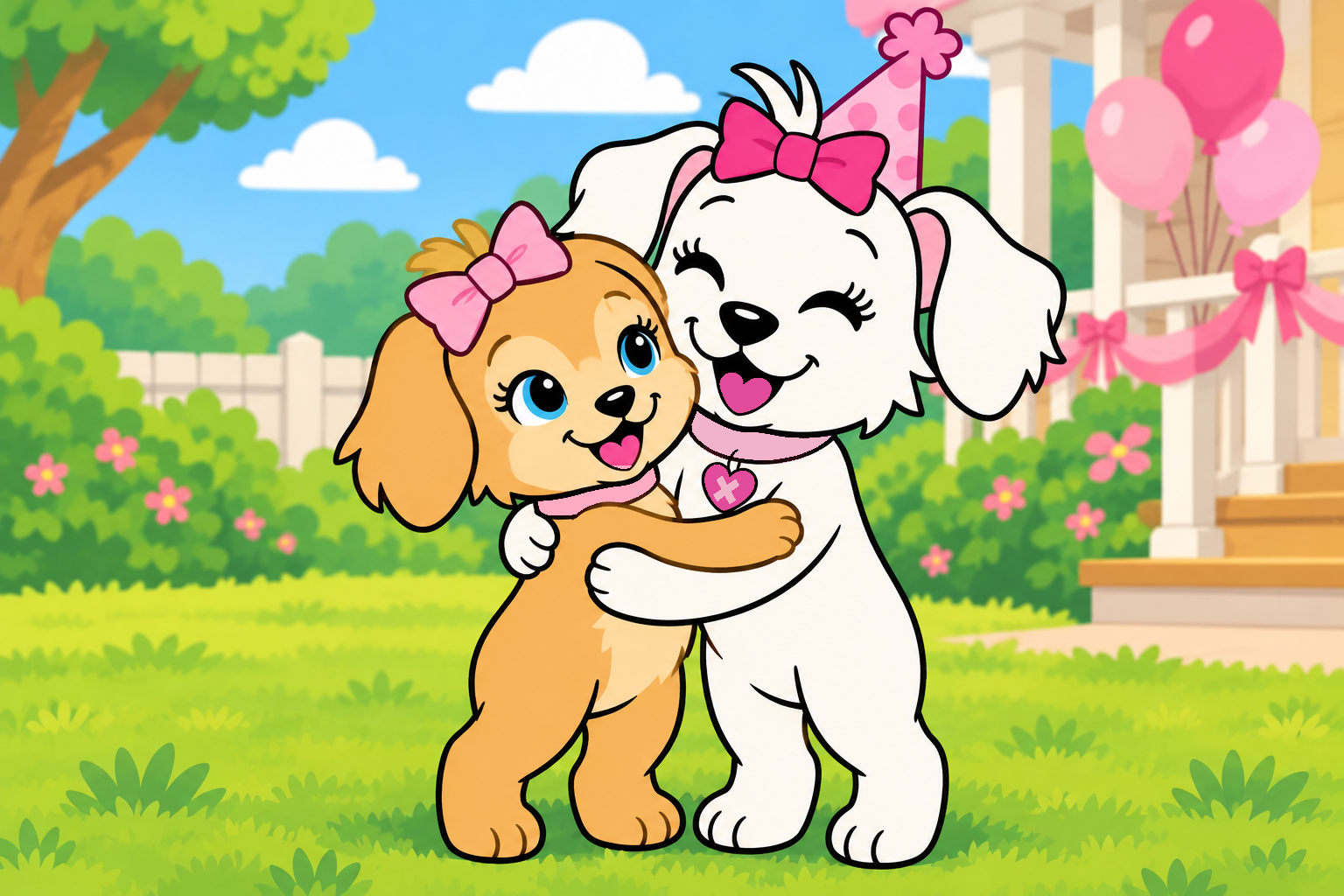 Cora, wearing her pink birthday hat, hugs Sunny beside the party-decorated porch.