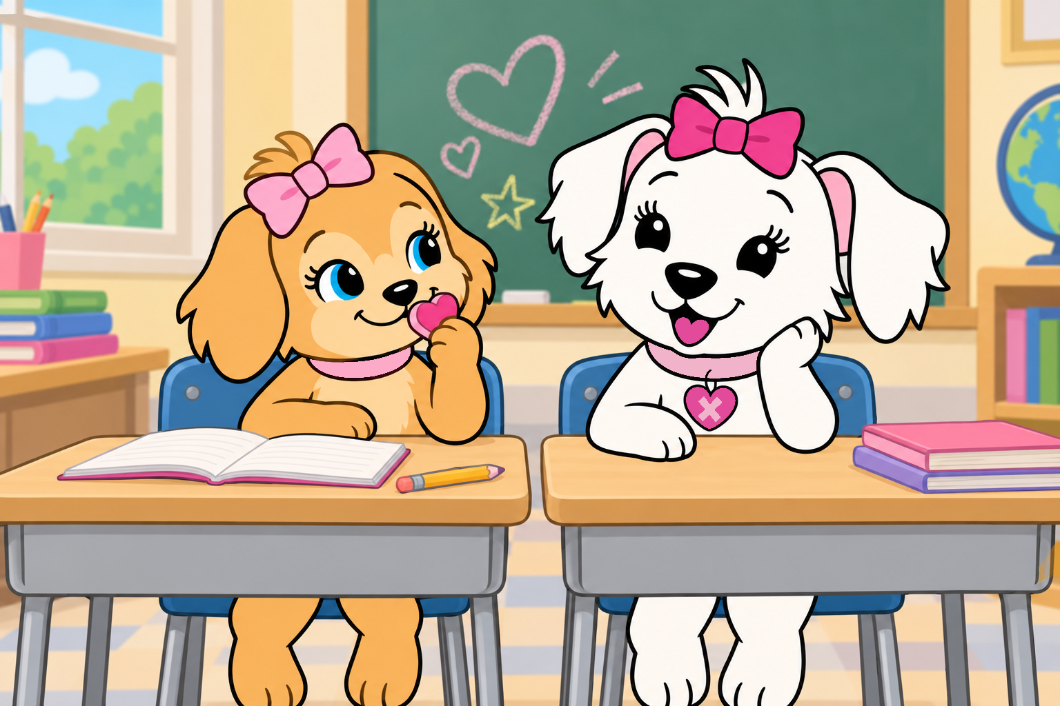 Cora and Sunny sit at adjacent classroom desks as Sunny smells the pink heart eraser Cora has given her.