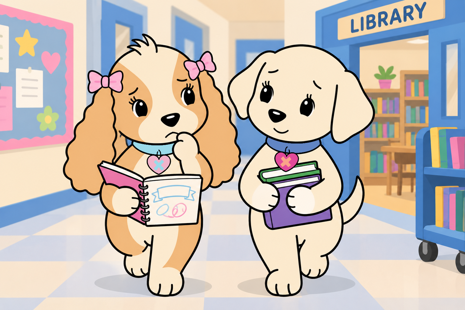 Tess and Emily carry books and a sketchbook as they talk on the way to the library.