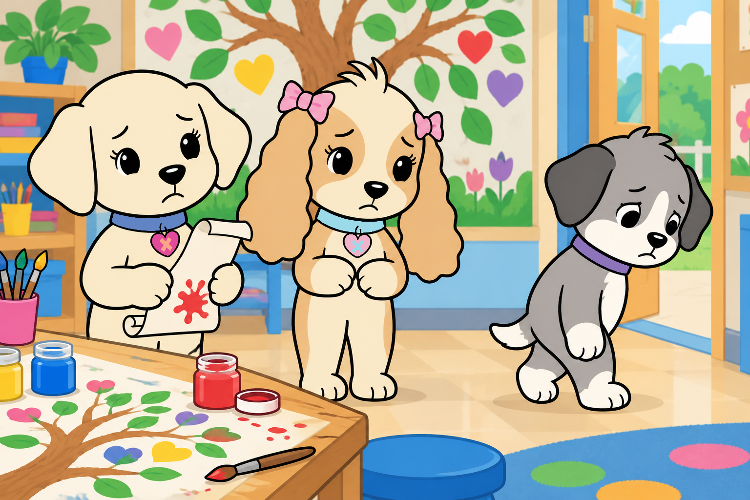 Tess looks regretful as Emily holds a paint-splashed poem and Leo walks toward the doorway.