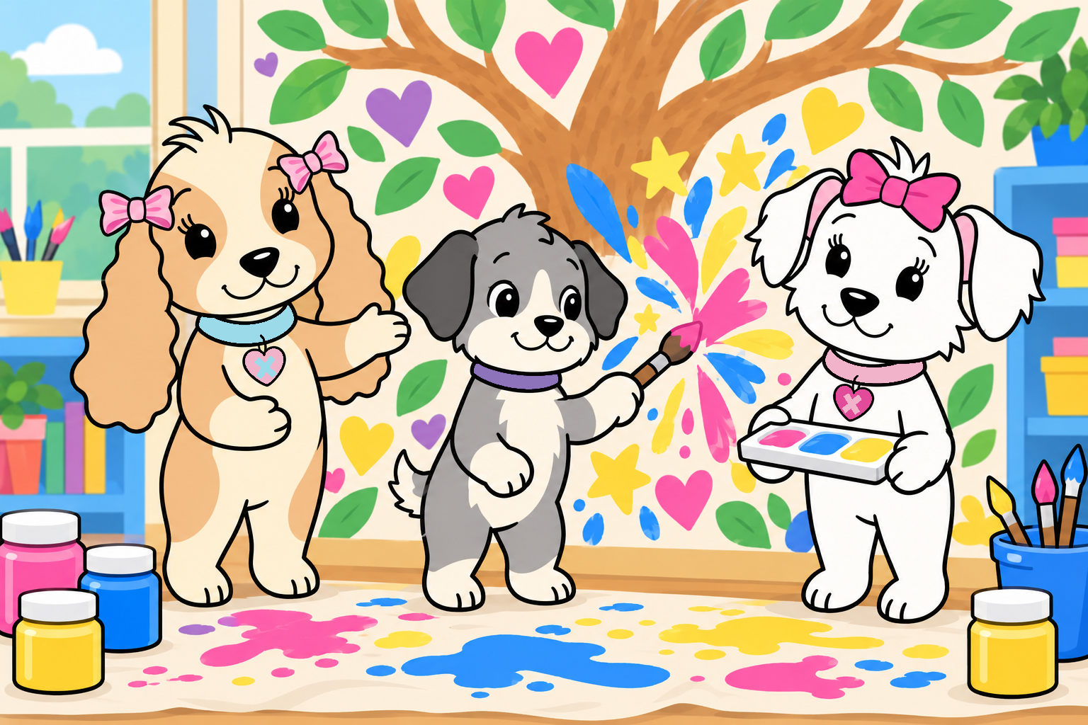 Tess and Cora welcome Leo as he adds a colorful burst to the friendship mural.