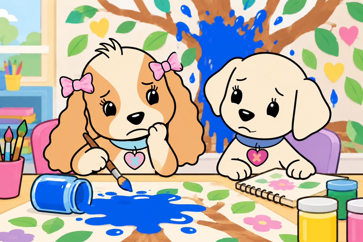 Tess and Emily consider an unfinished friendship mural marked by a blue paint spill.