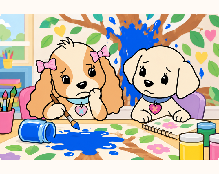Tess and Emily consider an unfinished friendship mural marked by a blue paint spill.