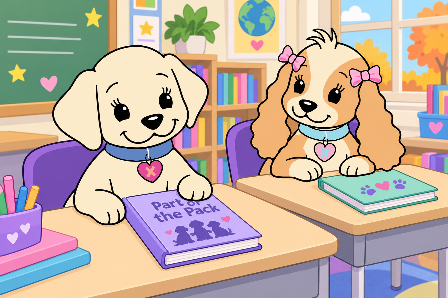 Emily explores her new friendship novel in Language Arts while Tess sits at the next desk.