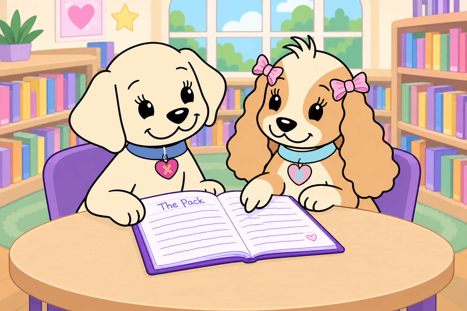 Tess points to Emily’s handwritten story as the two friends share her purple notebook in the school library.