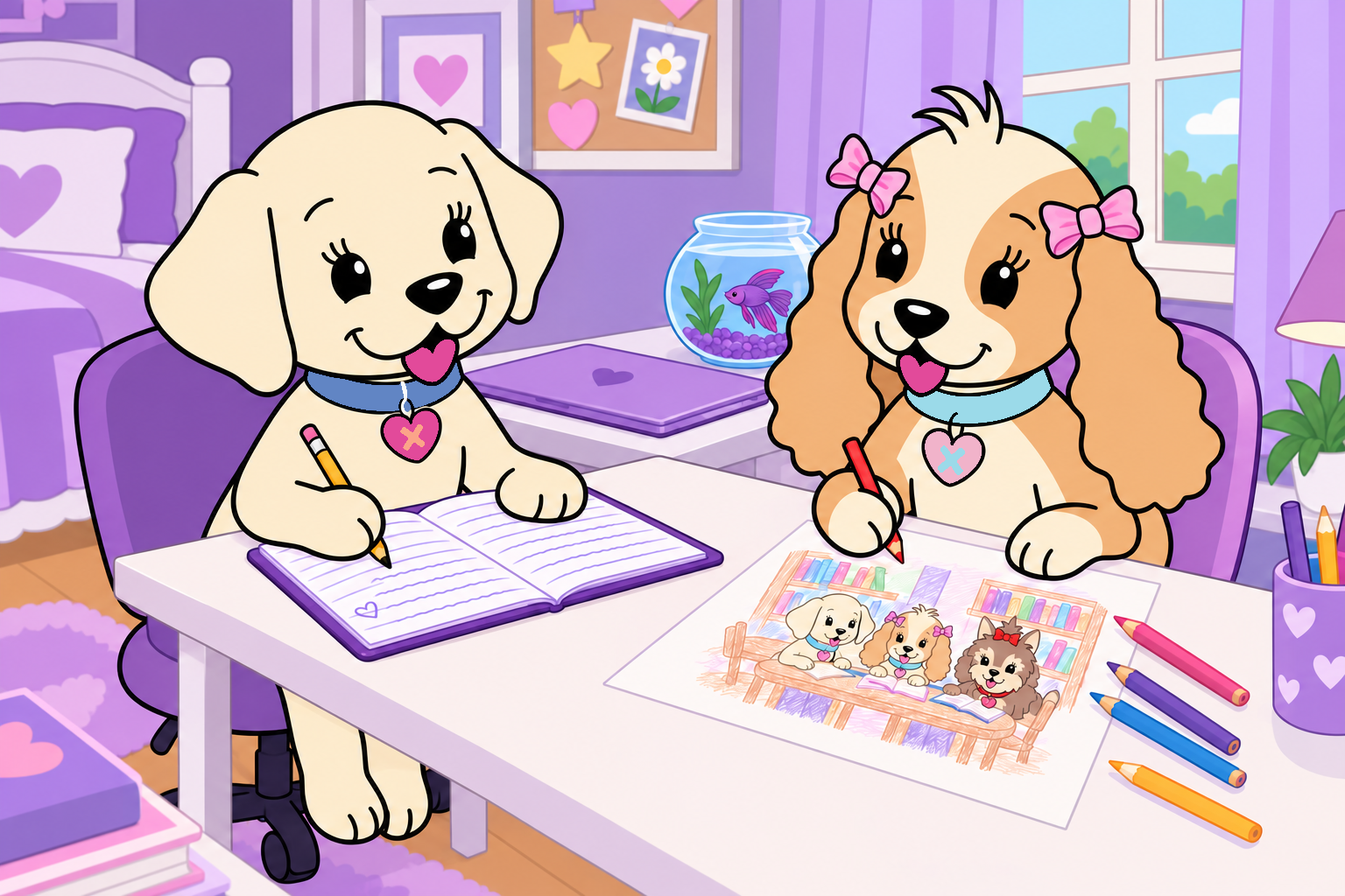 Emily writes in her notebook while Tess draws their story at the desk in Emily’s purple bedroom.