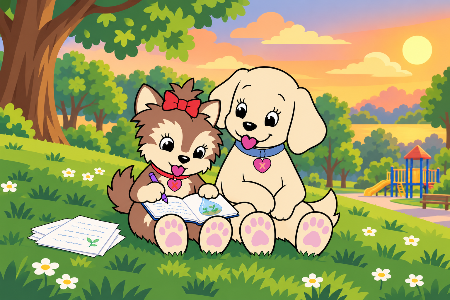 Scarlett writes her raindrop-world story in the park while Emily sits beside her and offers encouragement.