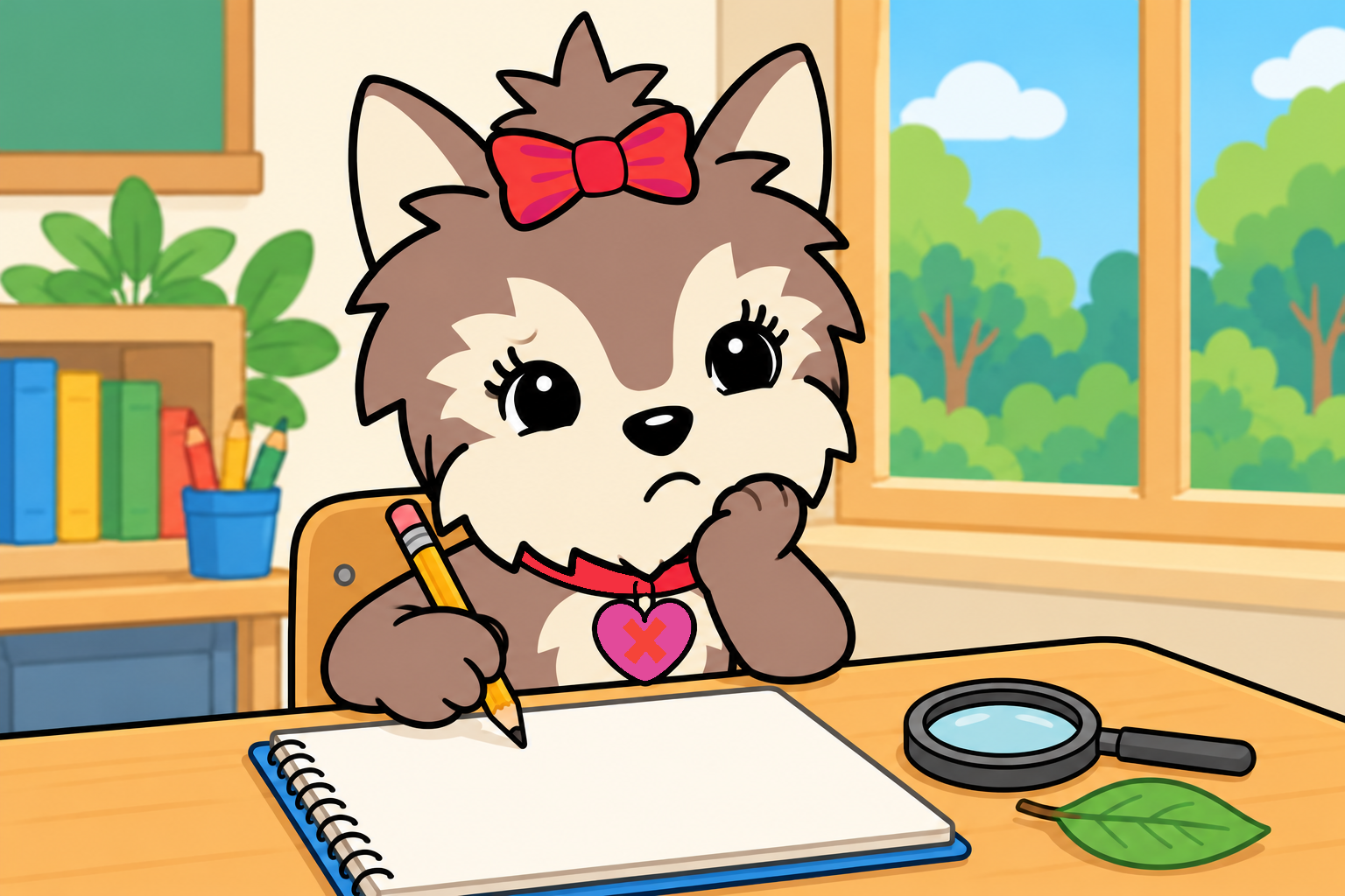Scarlett pauses over a blank notebook with a pencil, leaf, and magnifying glass nearby.