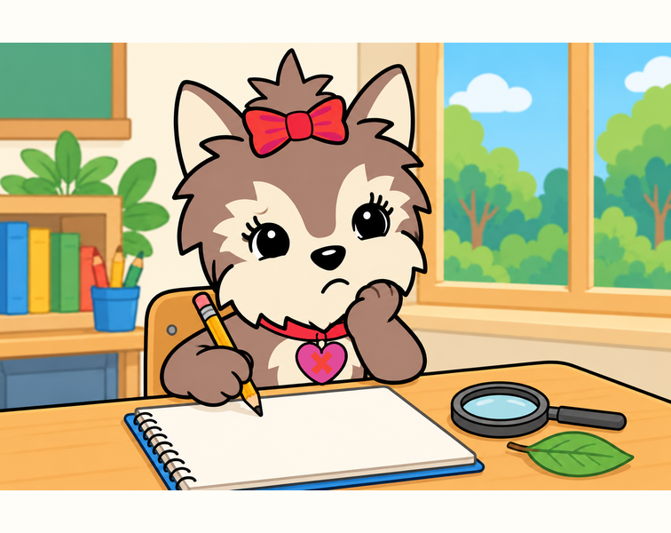 Scarlett pauses over a blank notebook with a pencil, leaf, and magnifying glass nearby.