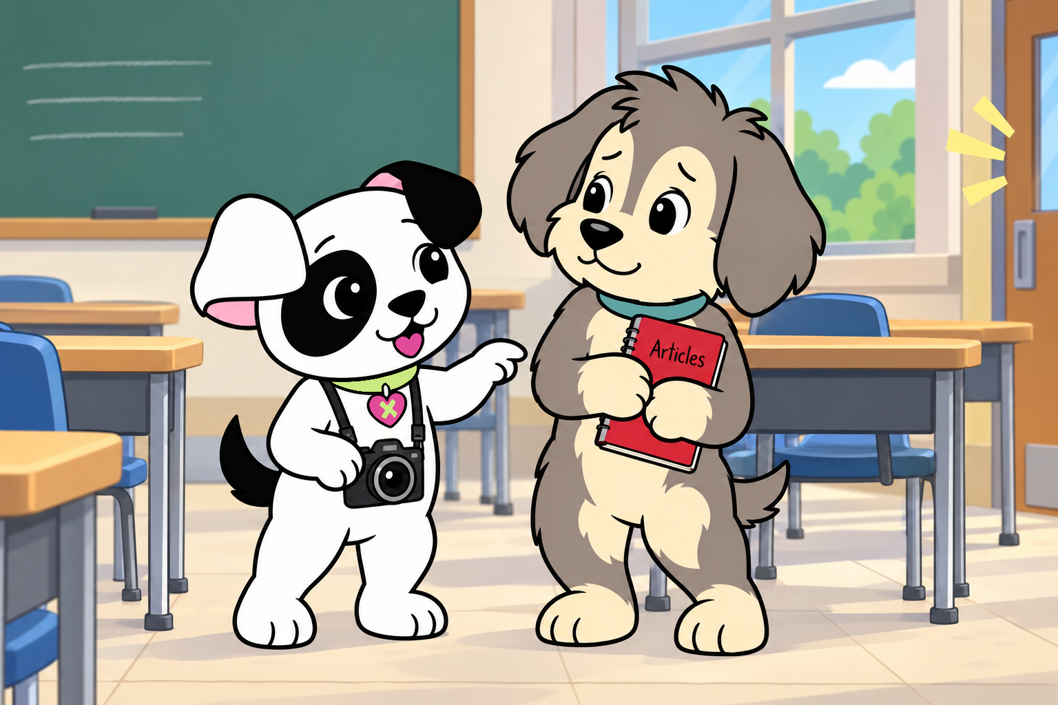 Jacob approaches Freddy in the classroom, eager to talk about Freddy’s red Articles notebook.