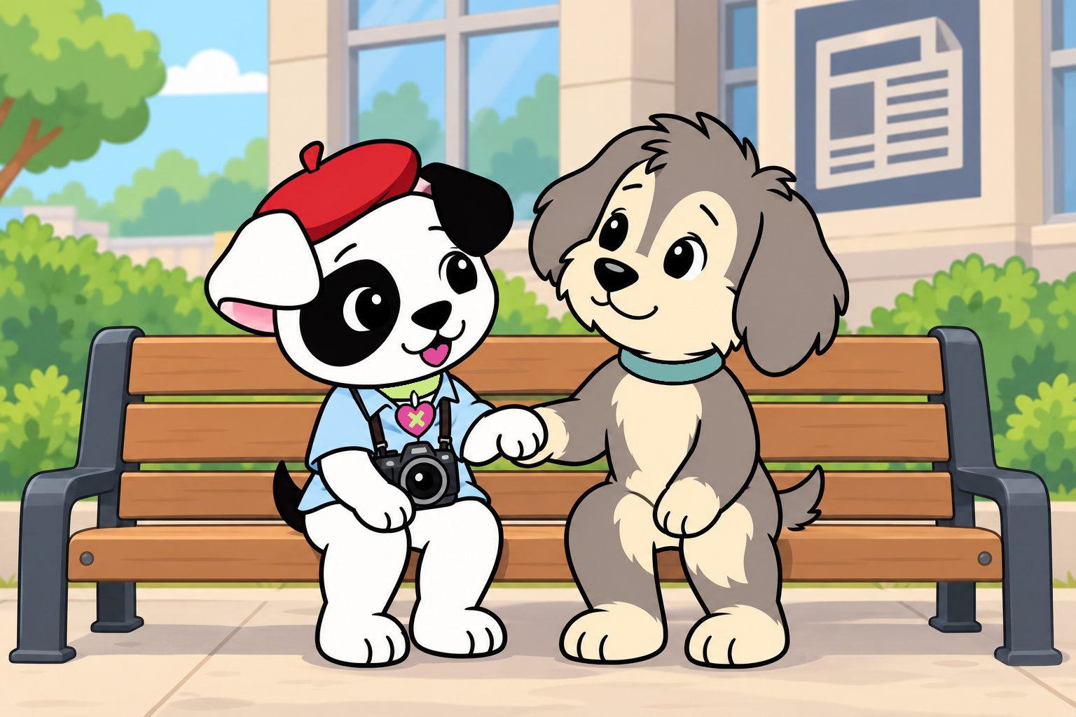Jacob, wearing his red beret and camera, shakes paws with Freddy on a bench outside the newspaper building.
