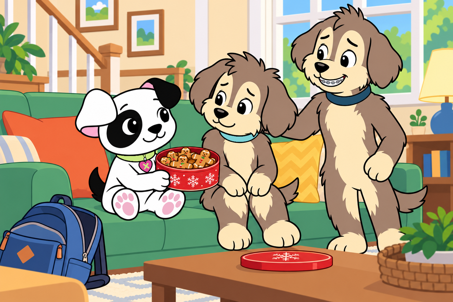 Jacob offers Freddy and his older brother a tin of gingerbread-pup cookies as he apologizes.