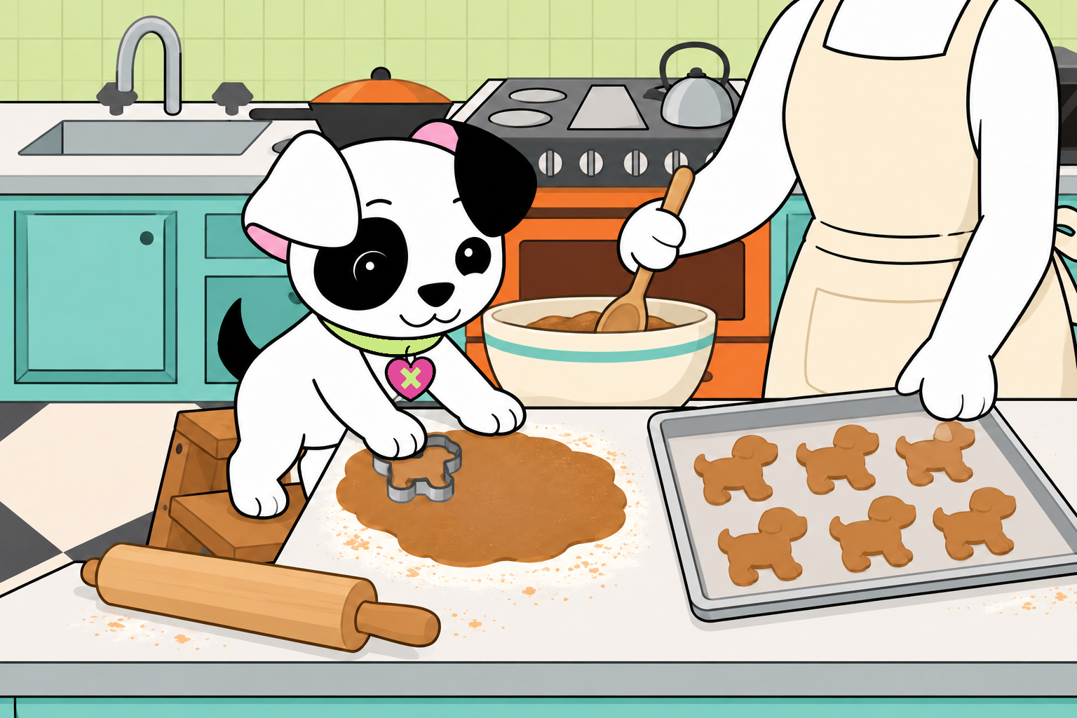 Jacob cuts gingerbread-pup cookies from rolled dough while his mom helps him in the kitchen.
