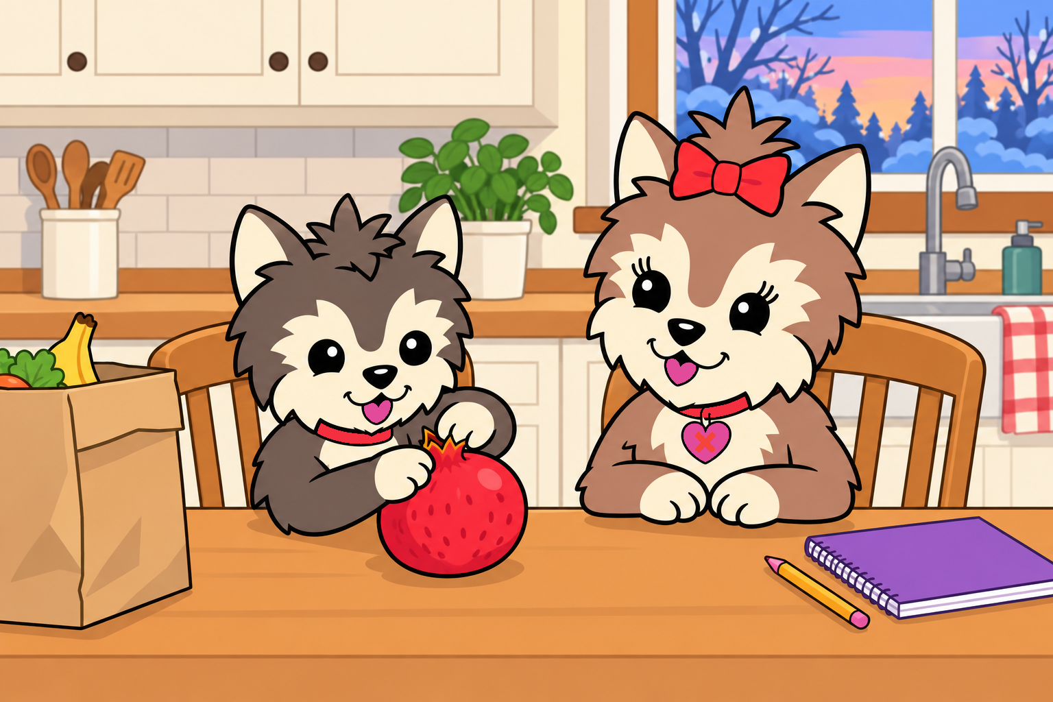 Henri and Scarlett sit together at the kitchen table as Henri tries to peel a pomegranate.