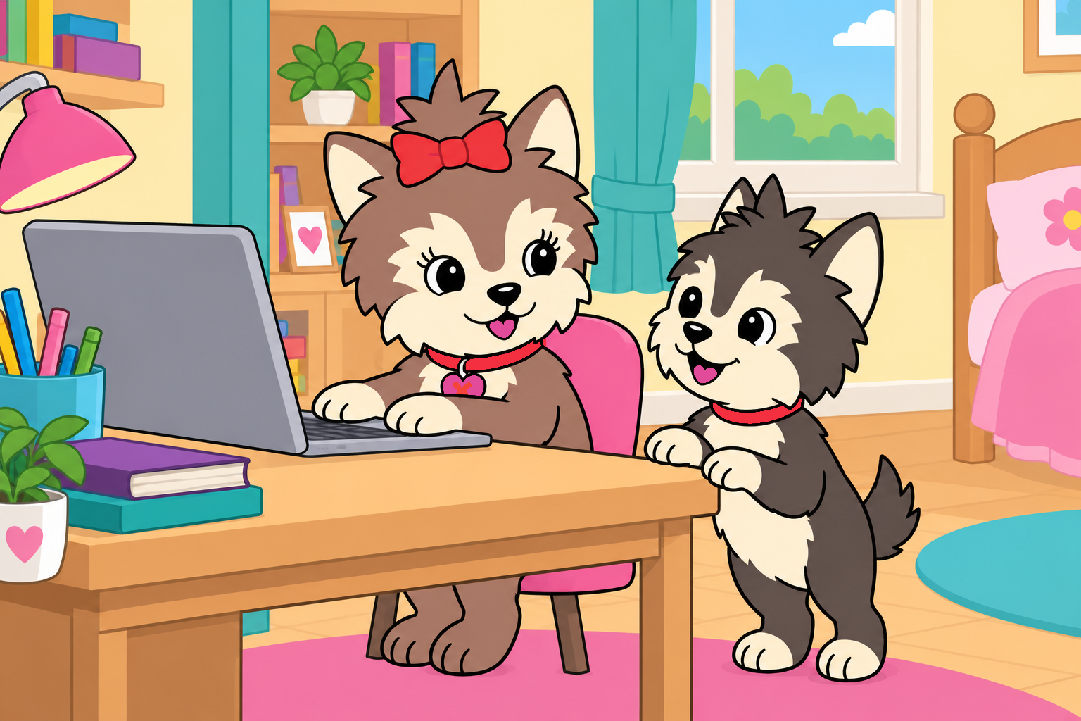 Scarlett works on her speech at her computer while her younger brother Henri stands beside her desk.