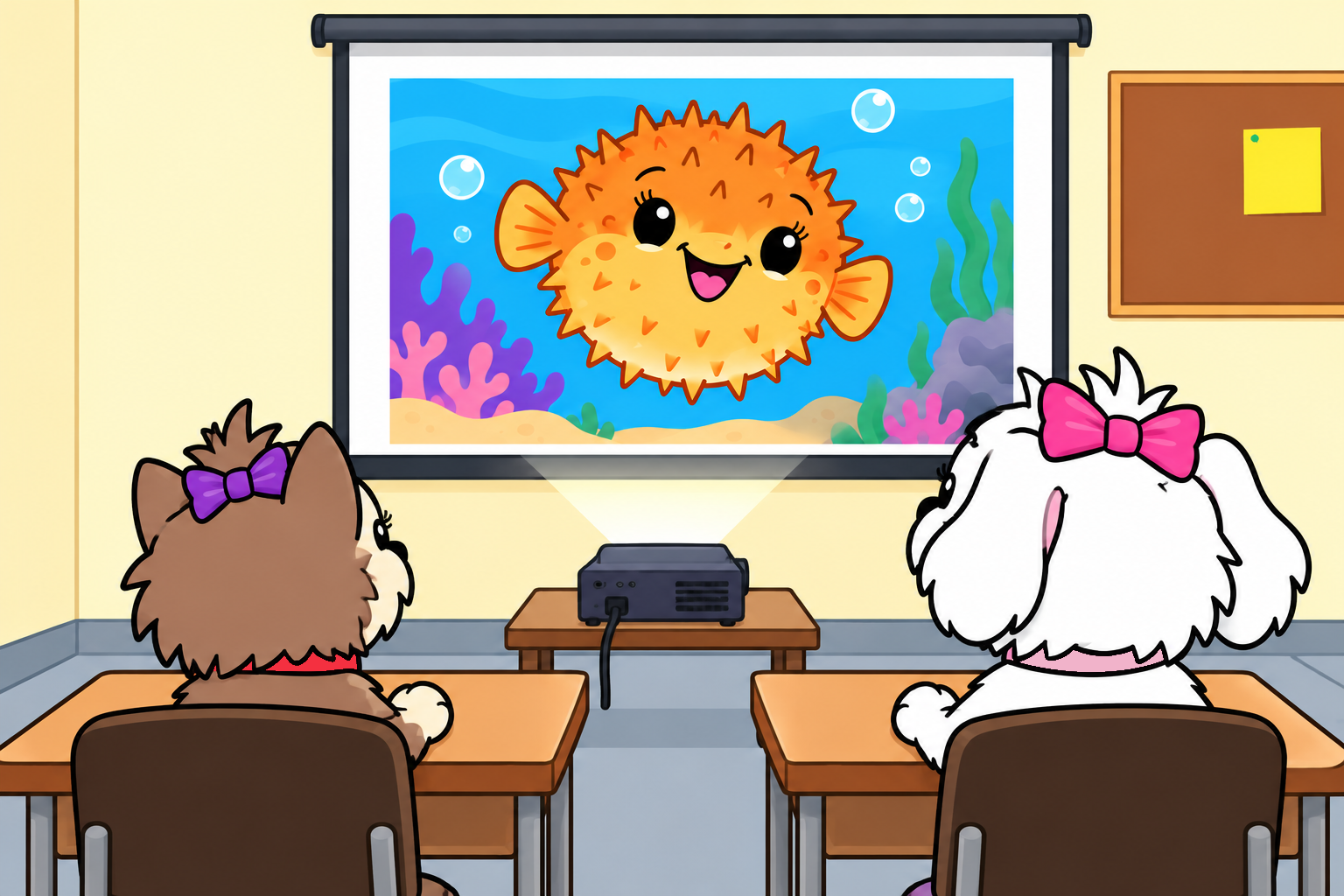 Scarlett and Cora watch a slideshow of Stanley, a smiling orange pufferfish, in a saltwater aquarium.