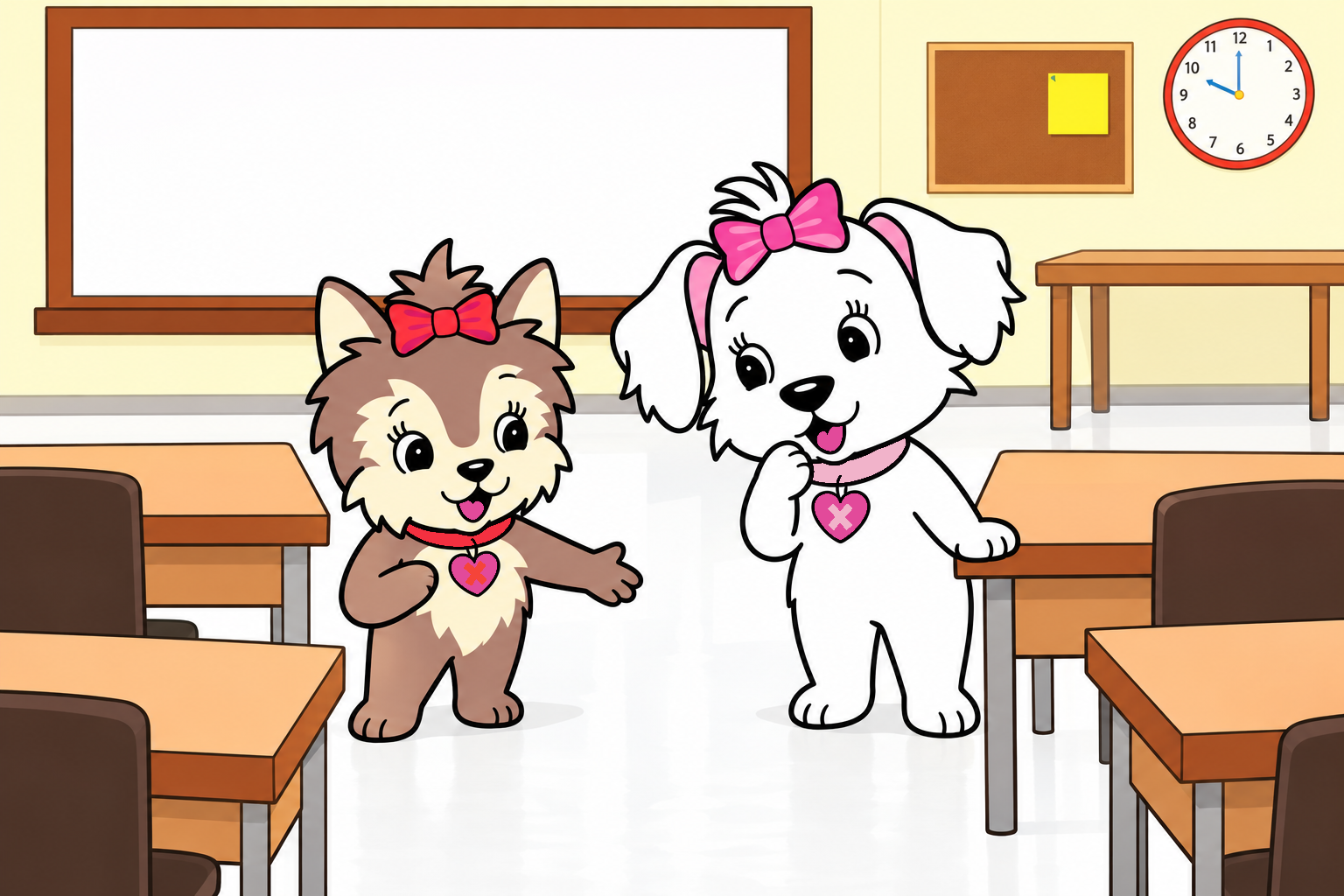 Scarlett and Cora look around Mr. Flock’s bright, updated classroom, noticing the missing carpet and new whiteboard.