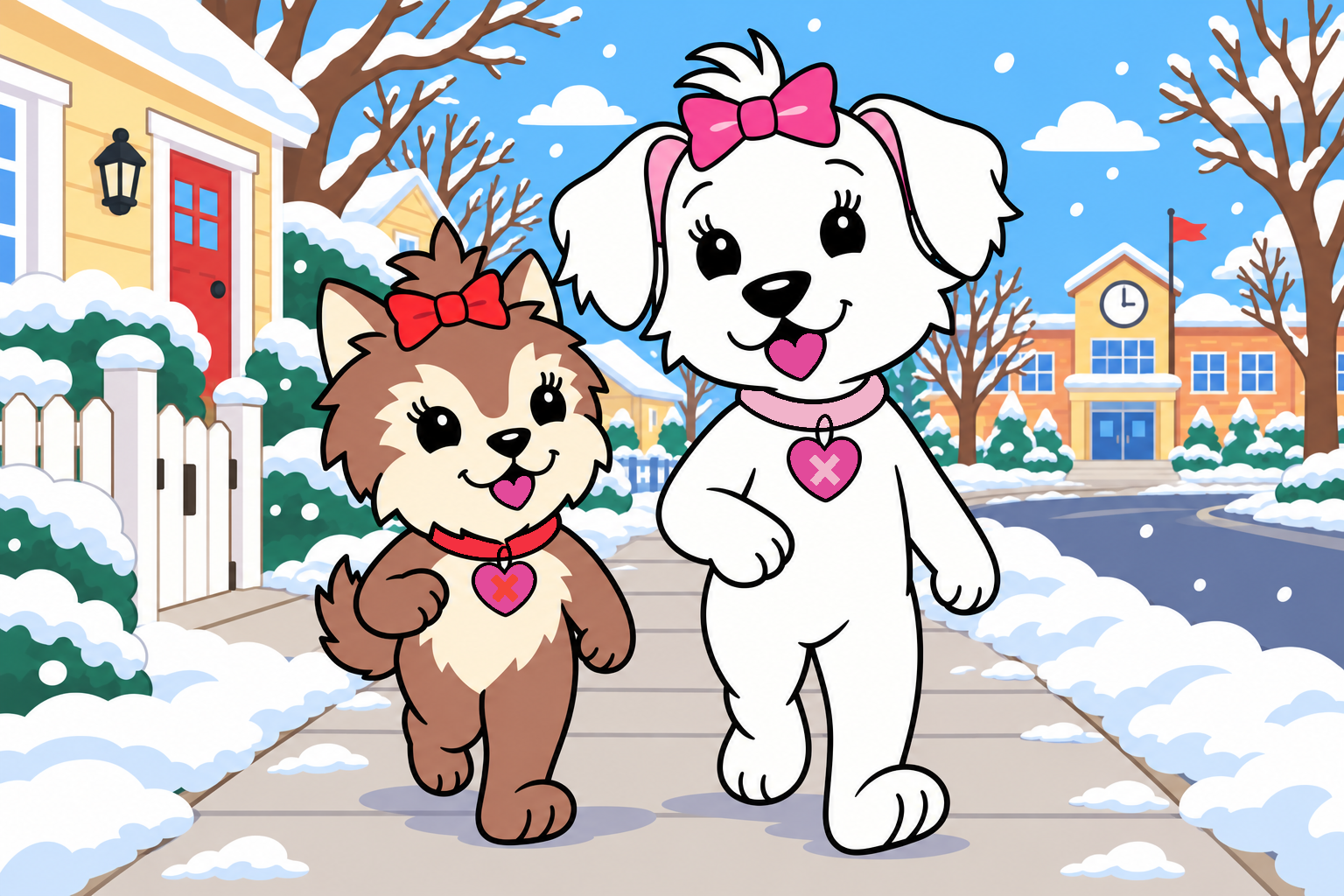 Scarlett and Cora walk through falling snow toward Pine Grove Elementary after winter break.