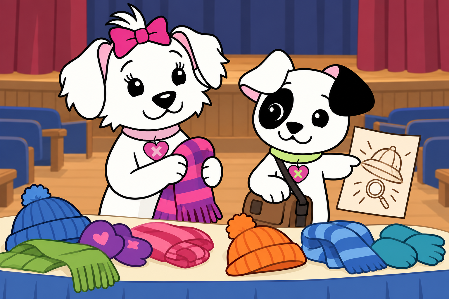 Jacob suggests a mystery theme as Cora sorts found items in the school auditorium.