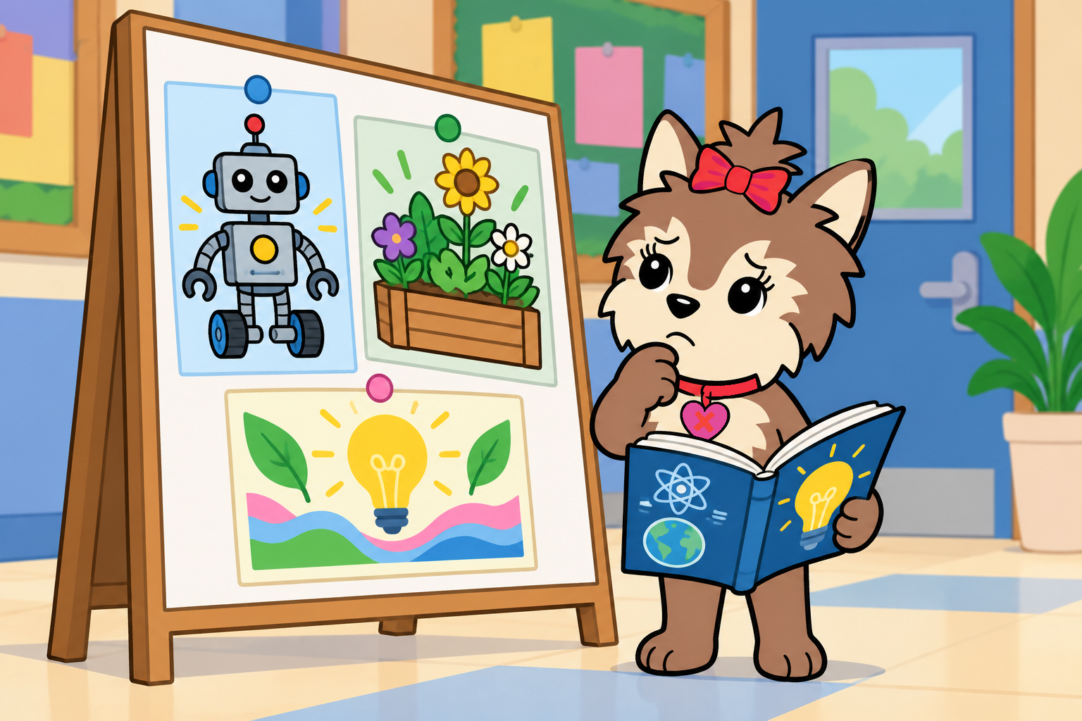 Scarlett looks thoughtfully at robot and poster project ideas on a school fair noticeboard.