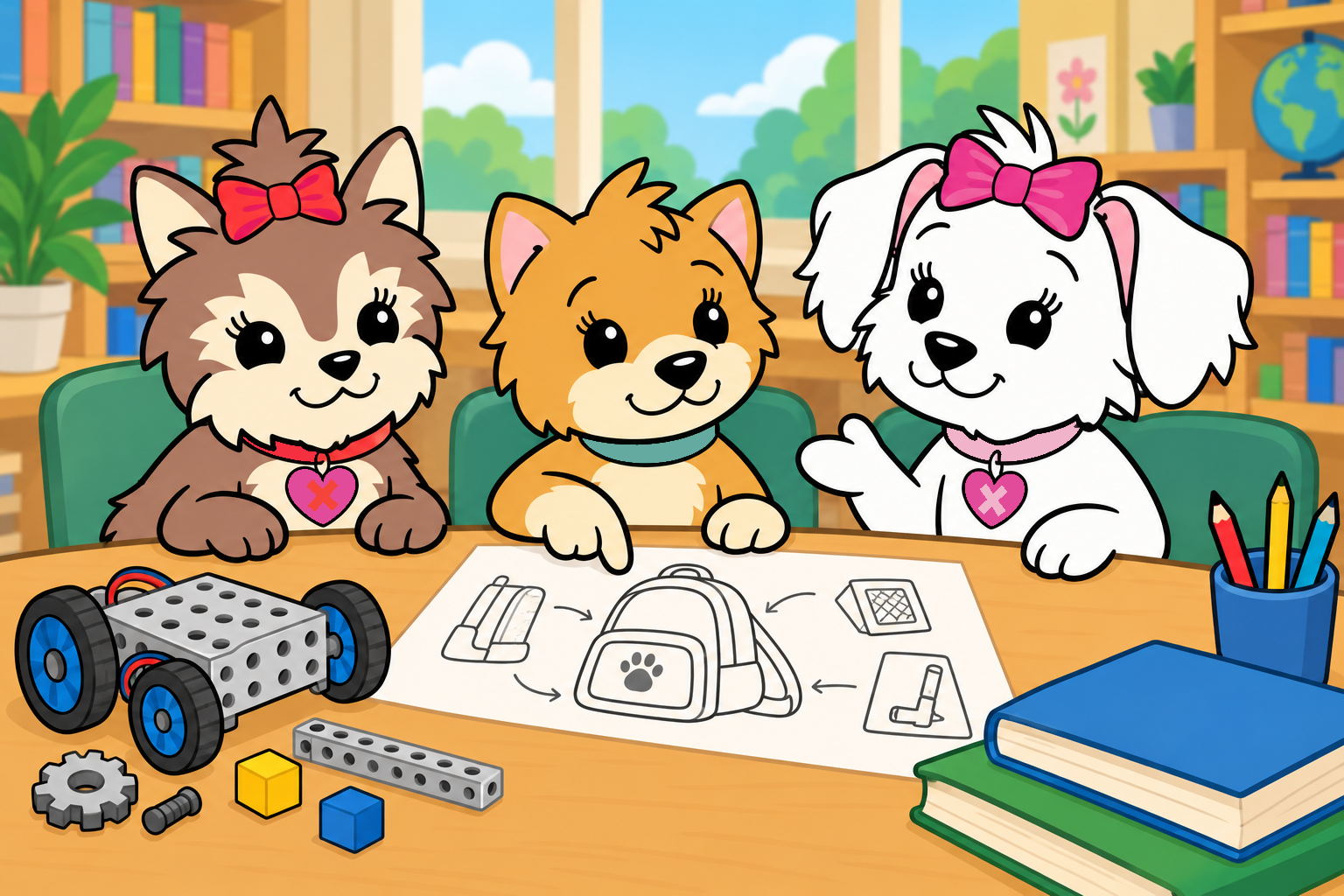 Scarlett and Cora encourage Felix as he shares an idea for a more comfortable backpack.