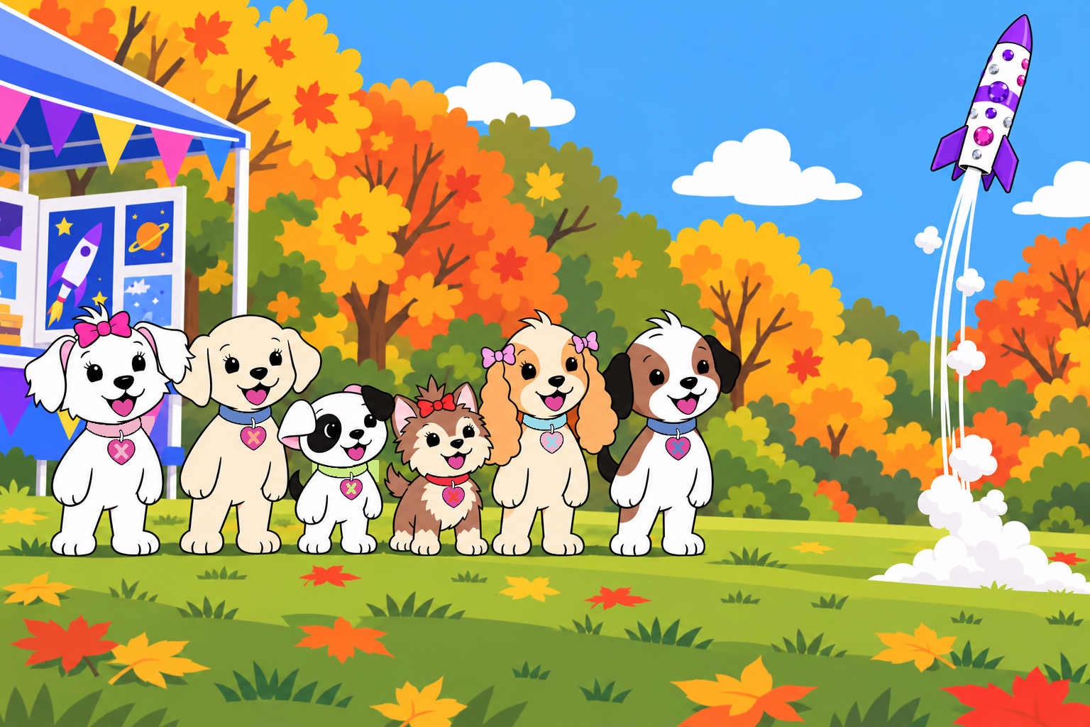 The six Puppy Pack friends cheer together as their model rocket rises into the sky at the Science Fair.