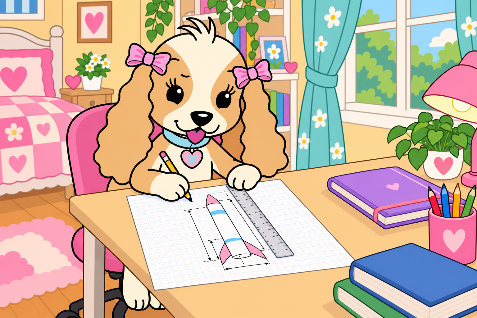 Tess sketches a model rocket to scale on graph paper with a pencil and ruler at her bedroom desk.