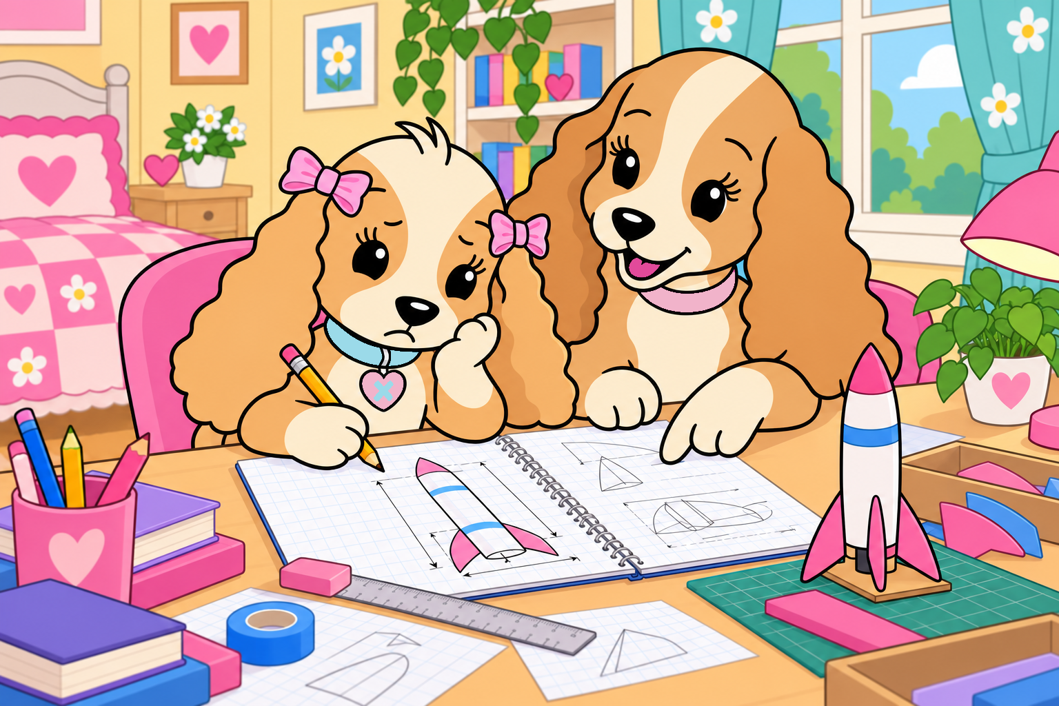Tess rests her chin on one paw while her mom points to the rocket plans spread across her desk.