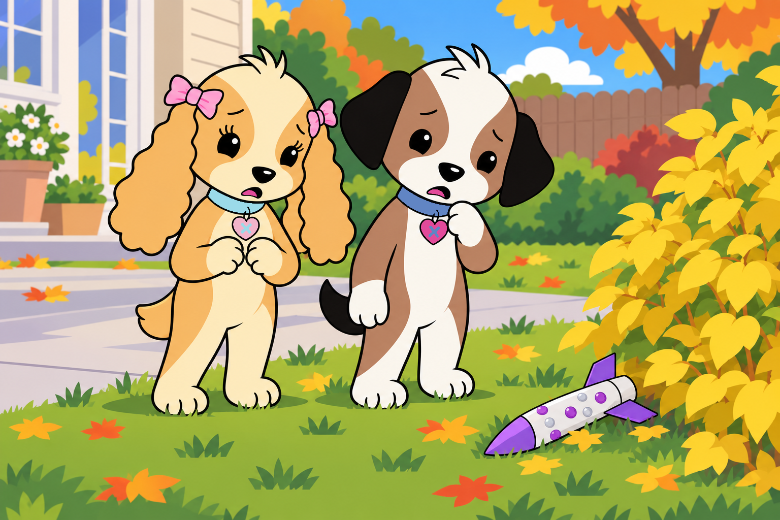 Tess and Zach look disappointed beside their fallen model rocket near a bush with yellow leaves.