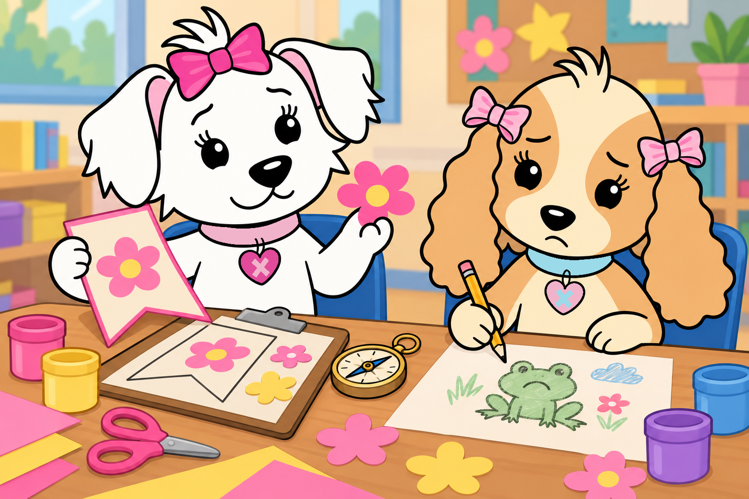 Cora suggests banner decorations while Tess looks down at her frog sketch.