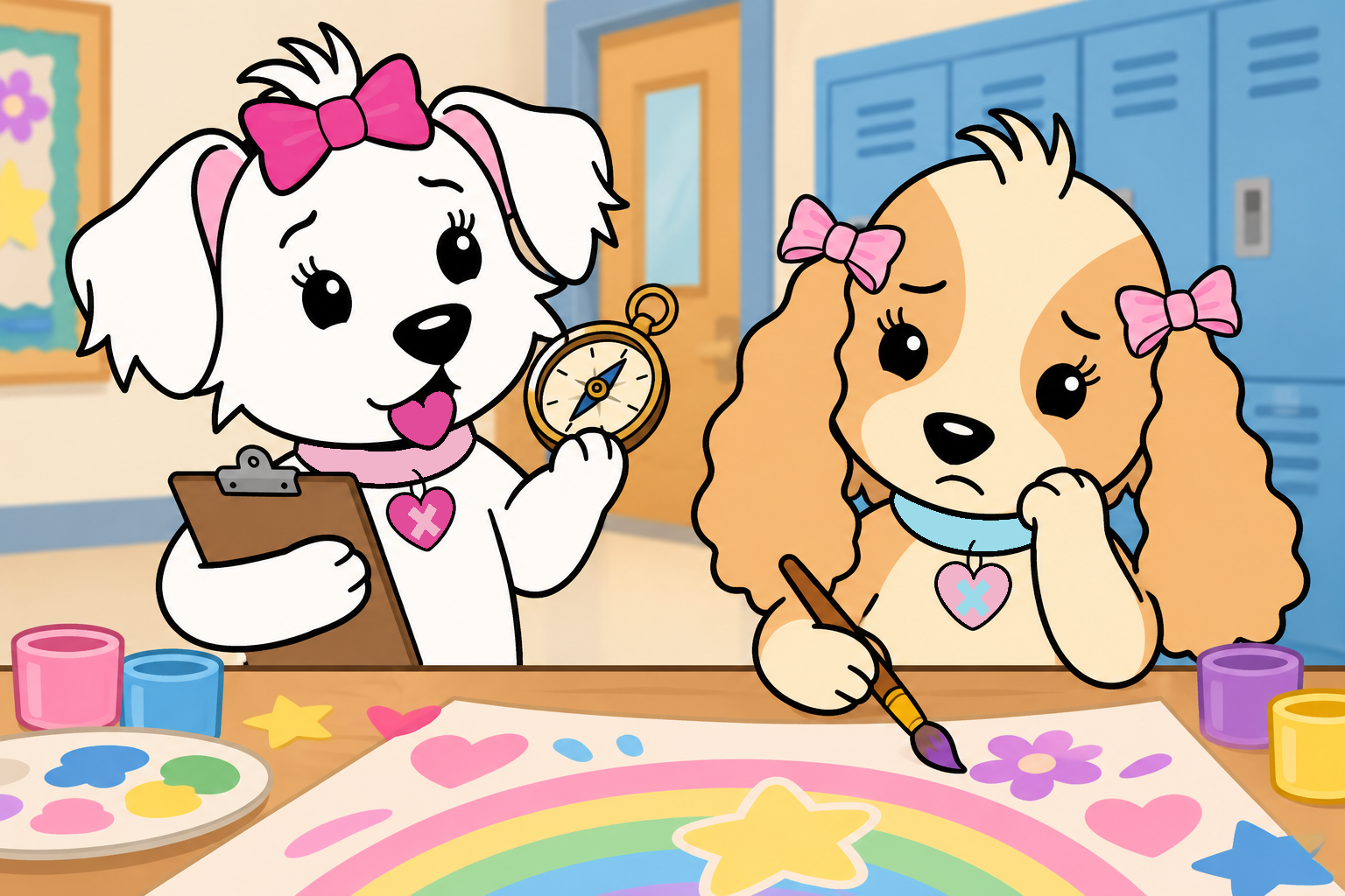 Cora holds a brass compass and clipboard while Tess looks worried over an unfinished banner.