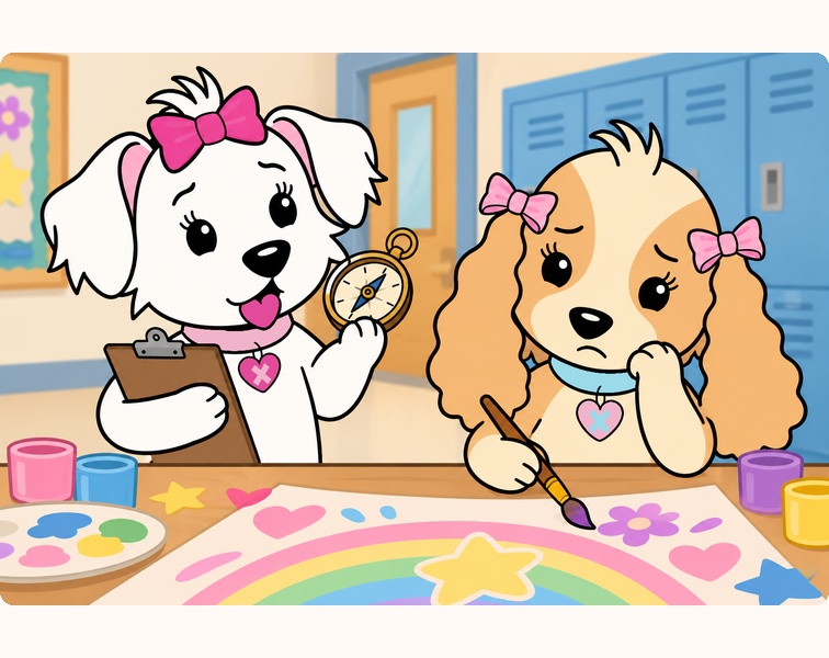 Cora holds a brass compass and clipboard while Tess looks worried over an unfinished banner.