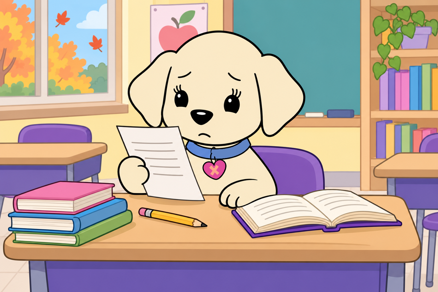 Emily looks uncertain at a returned classroom paper while an open novel lies on her desk.