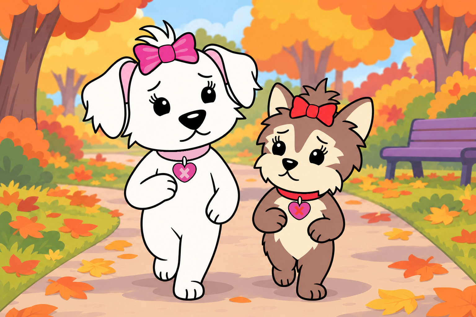 Cora and Scarlett talk with concern as they walk along an autumn park path.