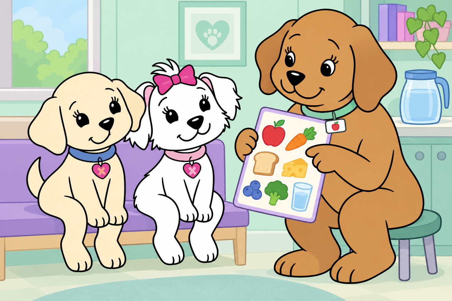 Nurse Livingston talks with Emily and Cora about a varied plate of foods.