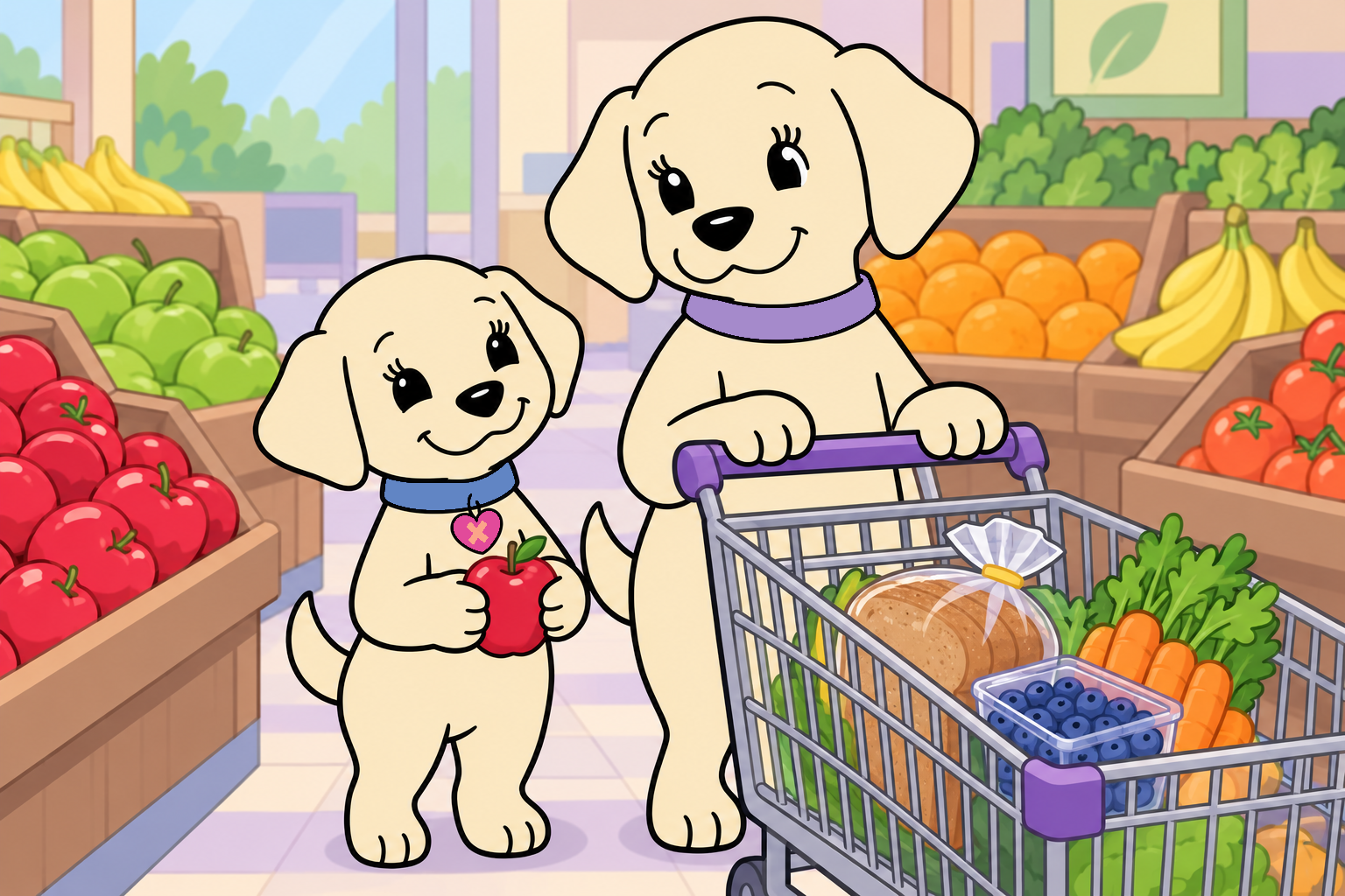 Emily and her mama choose fruit and vegetables at the grocery store.