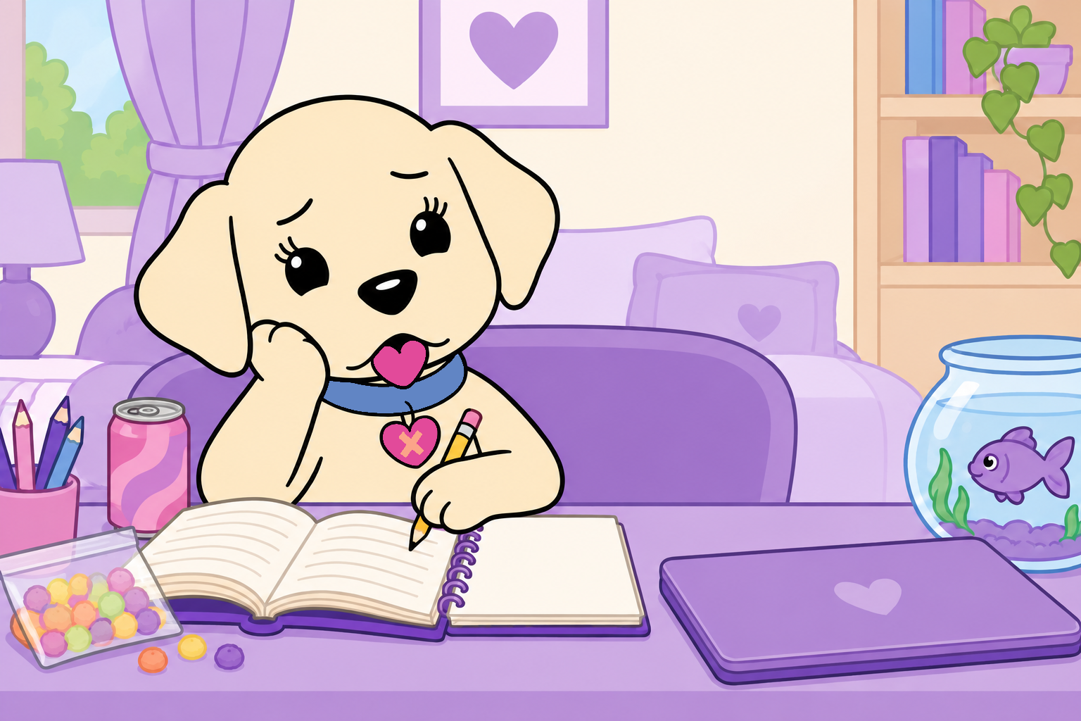 Emily sits alone at her purple desk, looking tired beside her books, notebook, snacks, and fish bowl.