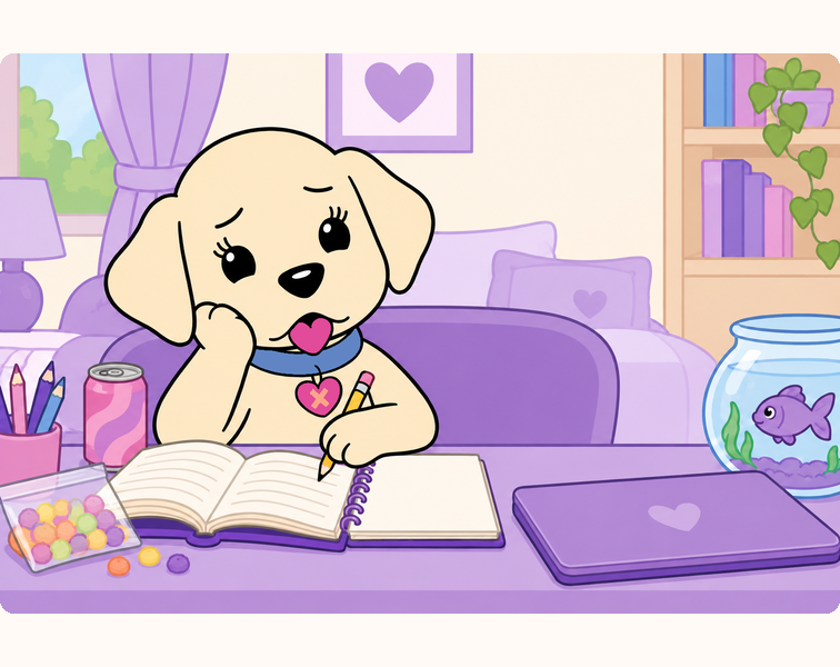 Emily sits alone at her purple desk, looking tired beside her books, notebook, snacks, and fish bowl.
