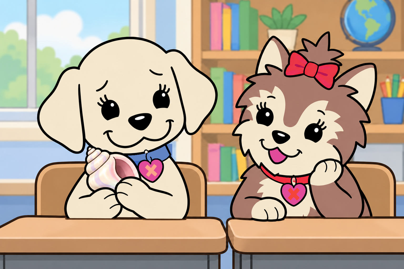 Emily holds a pearly spiral conch shell at her desk while Scarlett offers an encouraging smile.