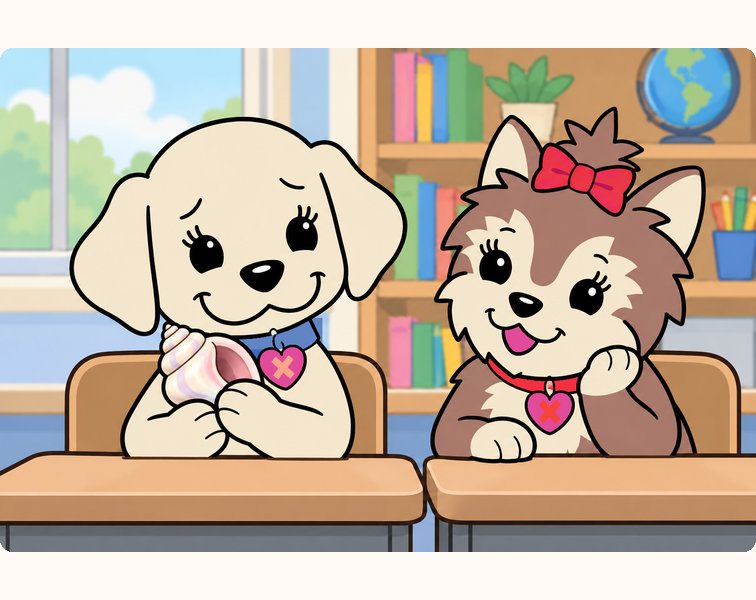Emily holds a pearly seashell at her desk while Scarlett offers an encouraging smile.