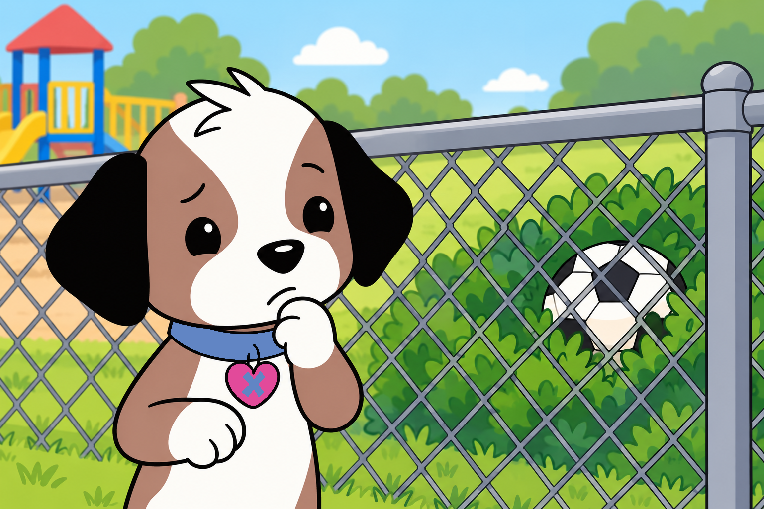 Zach pauses on the safe side of the playground fence, with a soccer ball in the bushes beyond.