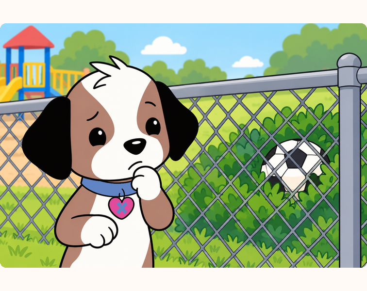 Zach pauses on the safe side of the playground fence, with a soccer ball in the bushes beyond.